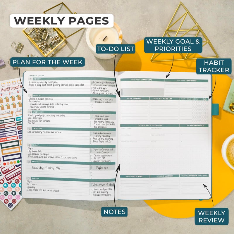 Clever Fox Planner PRO 2nd Edition - Undated Weekly Agenda Planner for Setting Goals, Tasks & Time Management - Life Organizer with To-do Lists & Habit Trackers - Large Format, 8.5x11 (Dark Teal)"" - Image 3